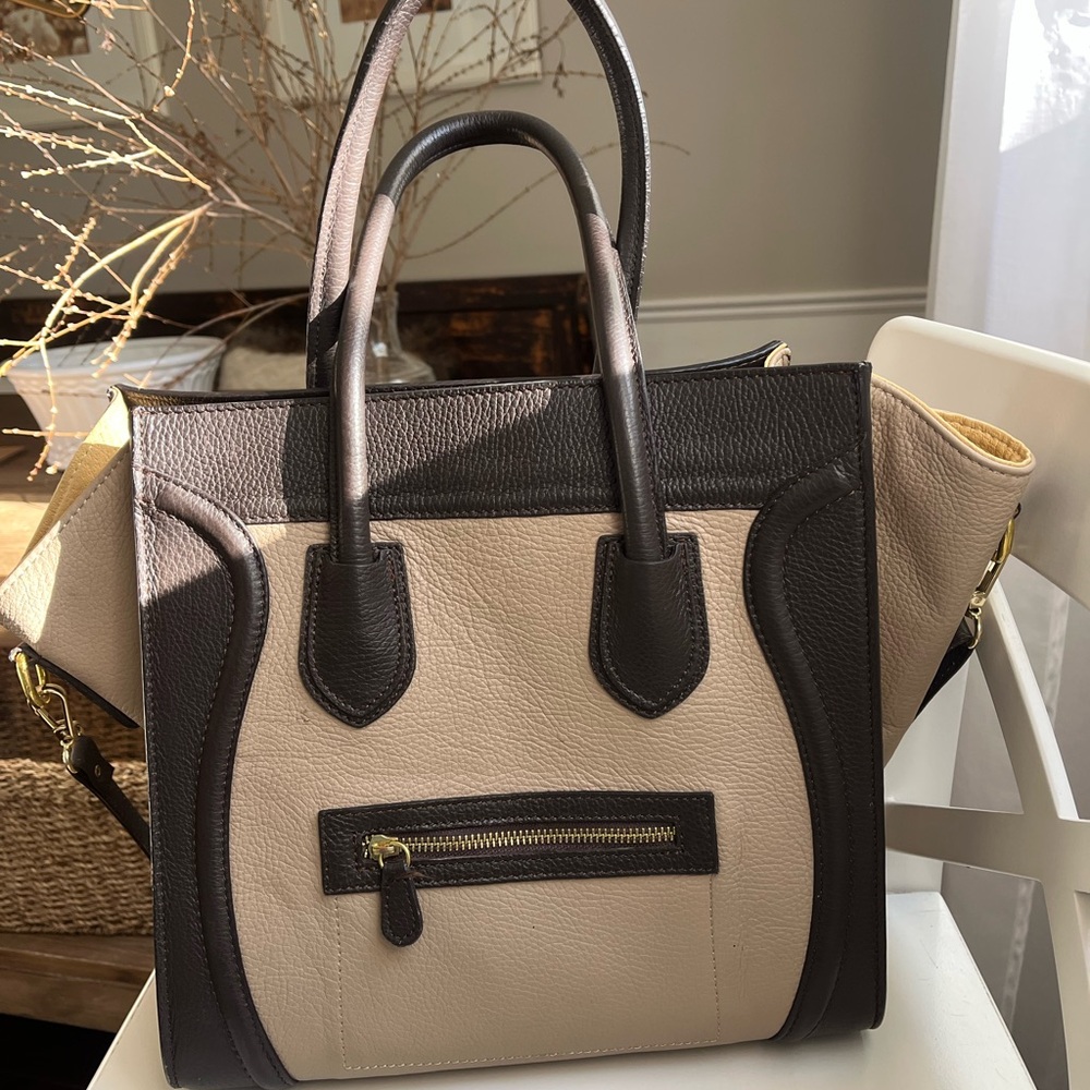 Large Two-Tone Genuine Leather Tote Bag